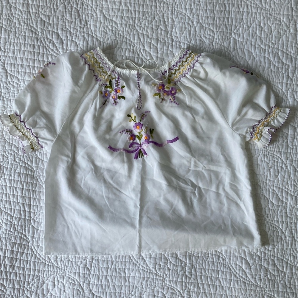 White Smocked and Embroidered Puff Sleeve Blouse, Girls 3T